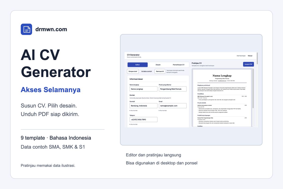 AI CV Generator Akses Selamanya: editor dan pratinjau CV